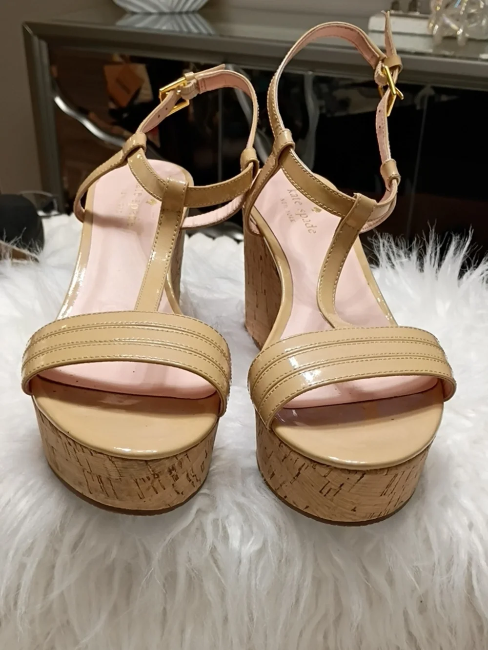 kate spade Tallin Nude Patent Leather Cork Wedge Sandals SZ 8